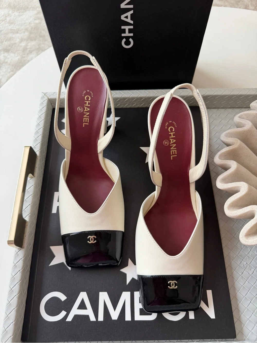 Chanel 26S Blazy Ivory Ecru Black Square Cap Toe Sling CC Slingback Heel Pump 40